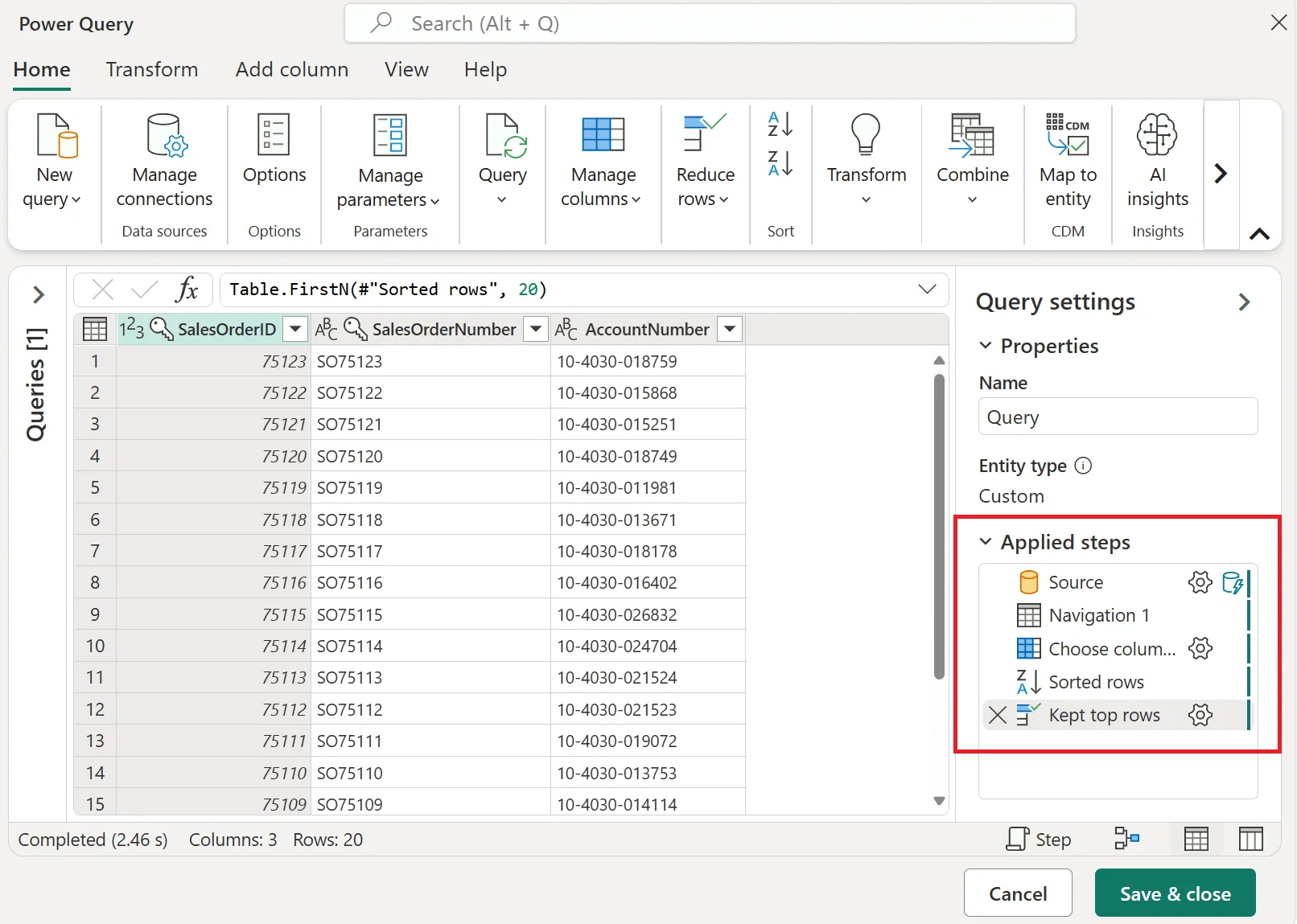 Painel Etapas aplicadas do Power Query com cinco transformações
