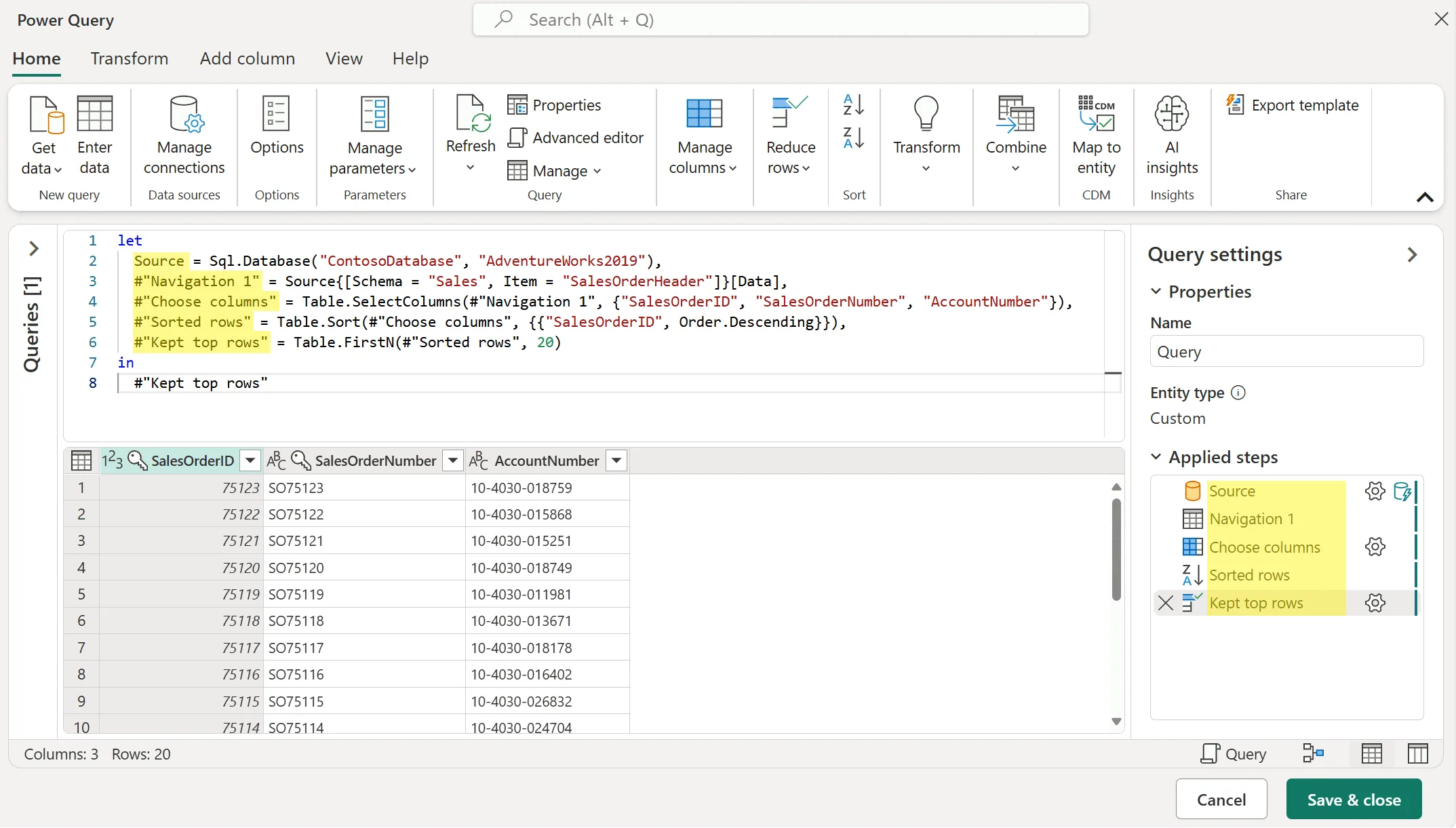 Editor do Power Query Online mostrando o script M e as etapas aplicadas de uma consulta